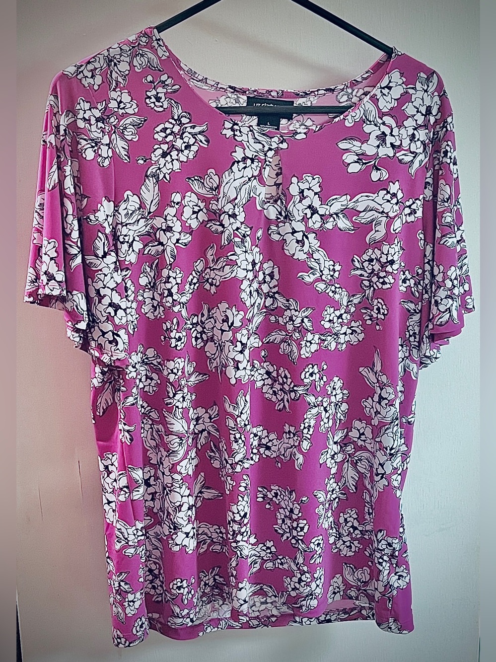 Liz Claiborne Career Size Large Boho Floral Fuchsia Short Sleeve Blouse